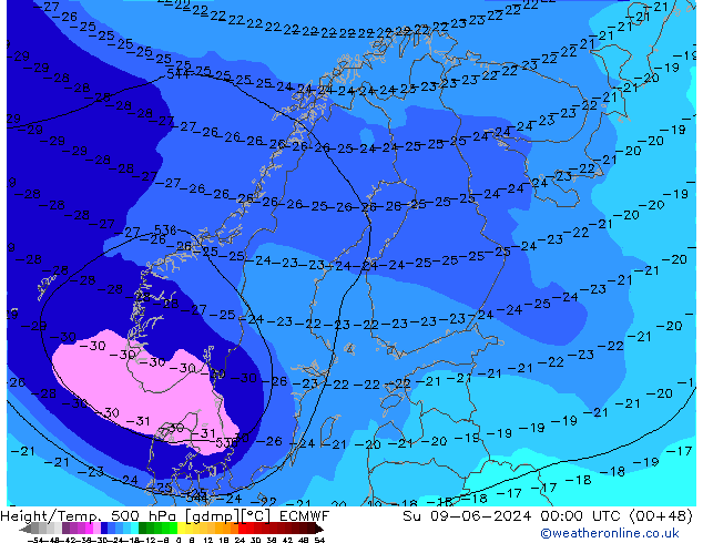 Z500/Rain (+SLP)/Z850 ECMWF Su 09.06.2024 00 UTC