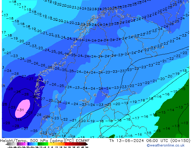 Z500/Rain (+SLP)/Z850 ECMWF Th 13.06.2024 06 UTC