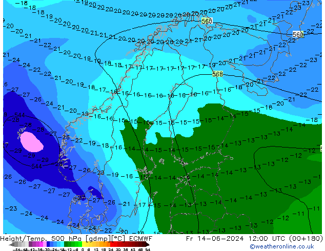 Z500/Rain (+SLP)/Z850 ECMWF Fr 14.06.2024 12 UTC