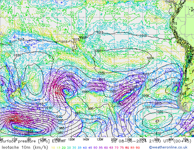 Isotachen (km/h) ECMWF Sa 08.06.2024 21 UTC