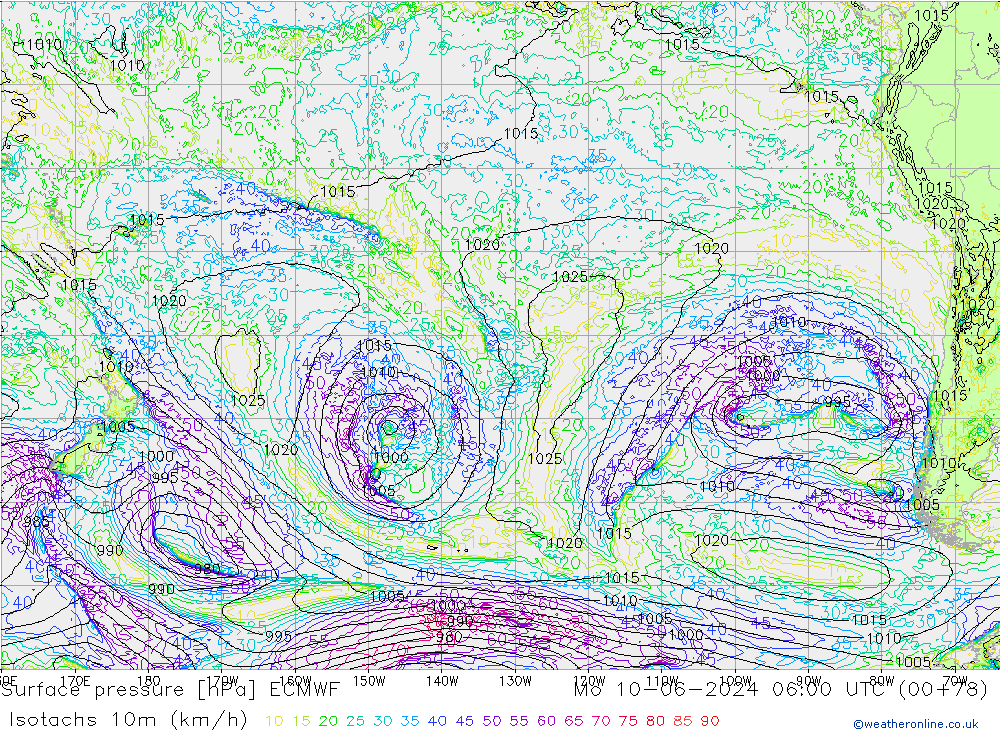 Isotachs (kph) ECMWF пн 10.06.2024 06 UTC