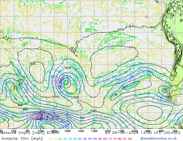 Eşrüzgar Hızları mph ECMWF Paz 09.06.2024 12 UTC