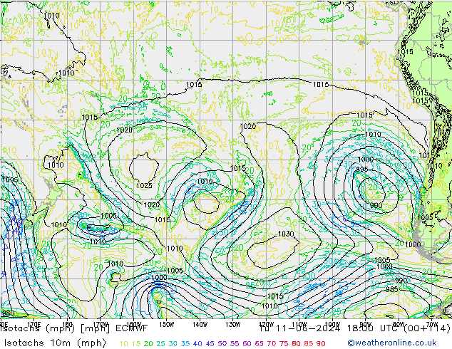 Isotachs (mph) ECMWF Tu 11.06.2024 18 UTC