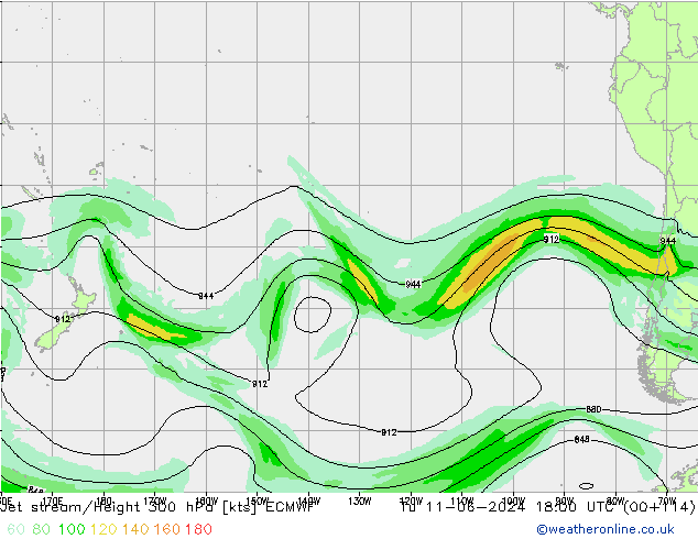 Jet stream/Height 300 hPa ECMWF Tu 11.06.2024 18 UTC