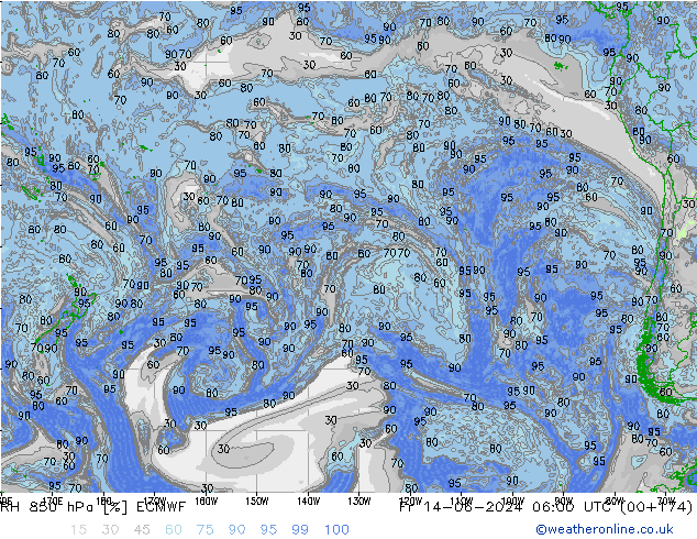 Humidité rel. 850 hPa ECMWF ven 14.06.2024 06 UTC
