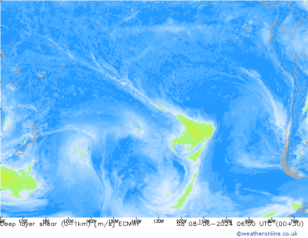 Deep layer shear (0-1km) ECMWF sab 08.06.2024 06 UTC