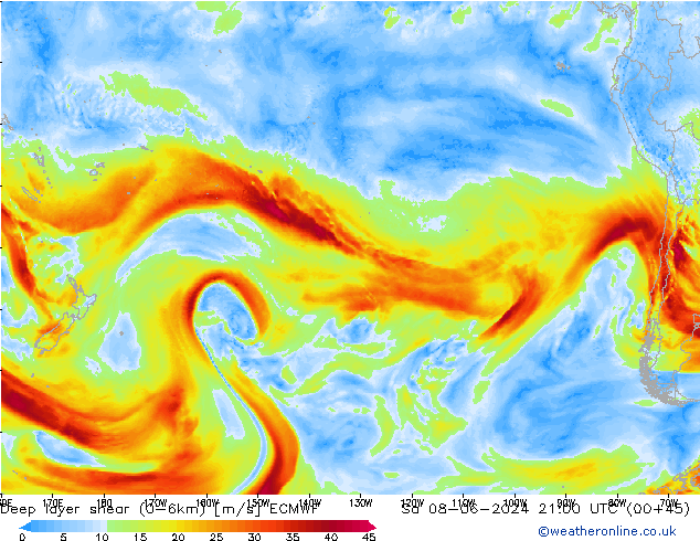 Deep layer shear (0-6km) ECMWF Sa 08.06.2024 21 UTC