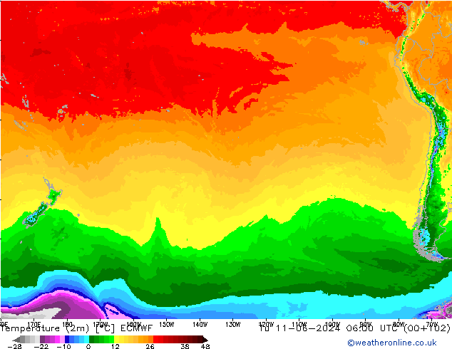 mapa temperatury (2m) ECMWF wto. 11.06.2024 06 UTC