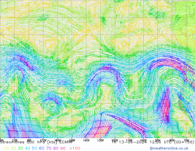 Linia prądu 500 hPa ECMWF czw. 13.06.2024 12 UTC