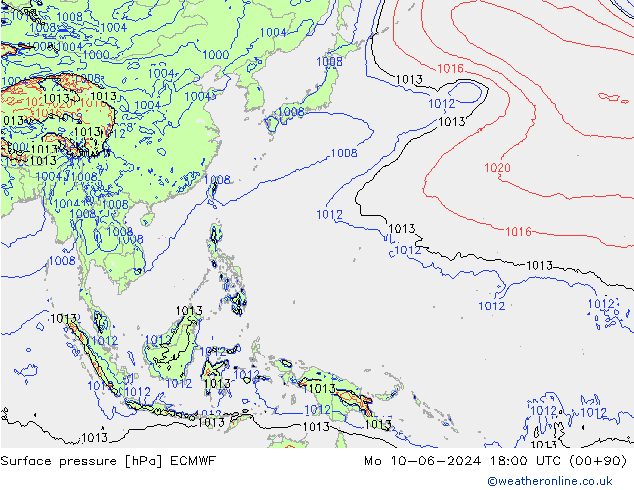 Surface pressure ECMWF Mo 10.06.2024 18 UTC