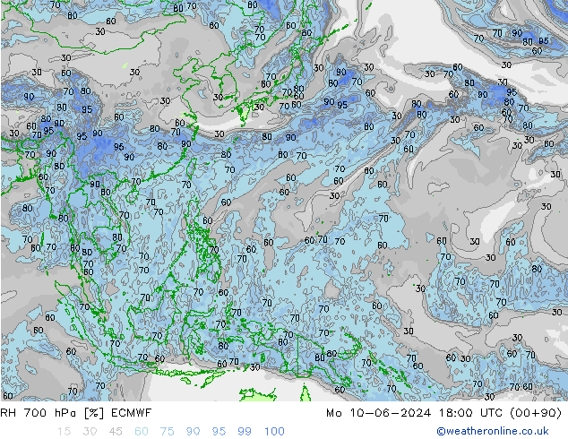 RH 700 гПа ECMWF пн 10.06.2024 18 UTC