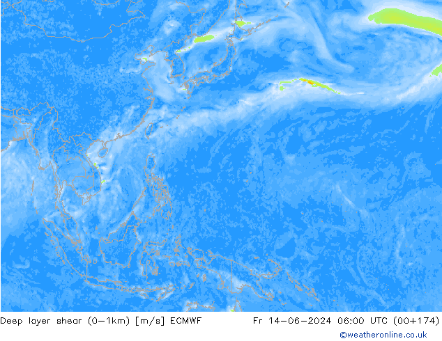 Deep layer shear (0-1km) ECMWF Fr 14.06.2024 06 UTC