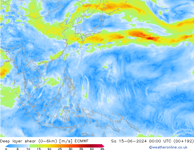 Deep layer shear (0-6km) ECMWF Sáb 15.06.2024 00 UTC