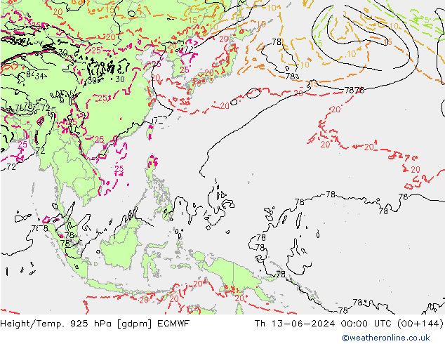 Height/Temp. 925 hPa ECMWF gio 13.06.2024 00 UTC