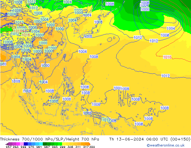 Thck 700-1000 гПа ECMWF чт 13.06.2024 06 UTC