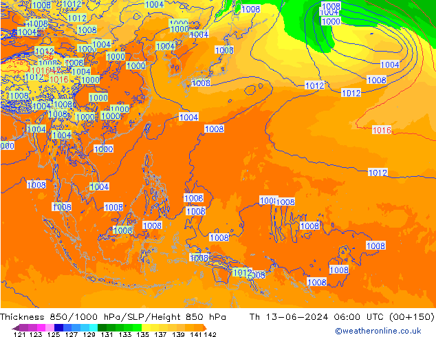 Thck 850-1000 гПа ECMWF чт 13.06.2024 06 UTC