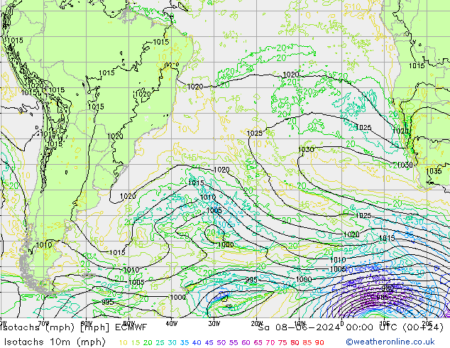 Isotachs (mph) ECMWF сб 08.06.2024 00 UTC