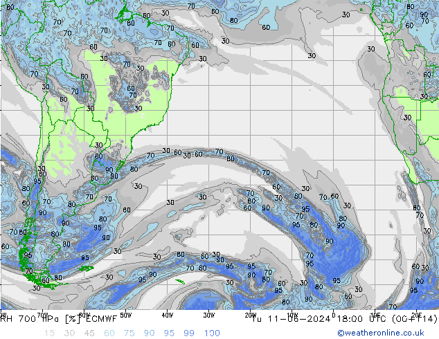 RH 700 hPa ECMWF Út 11.06.2024 18 UTC