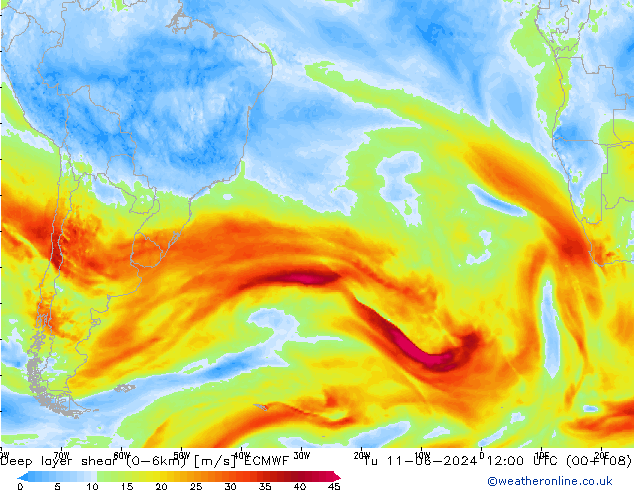 Deep layer shear (0-6km) ECMWF  11.06.2024 12 UTC