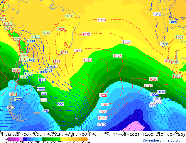 Espesor 700-1000 hPa ECMWF vie 14.06.2024 12 UTC