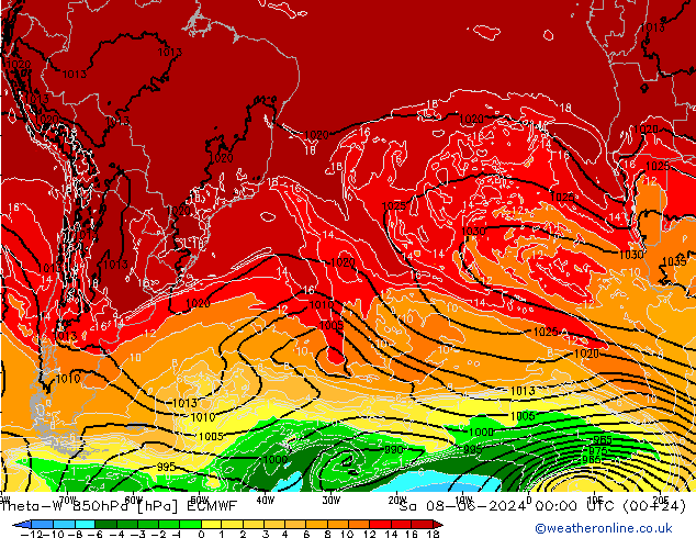 Theta-W 850гПа ECMWF сб 08.06.2024 00 UTC