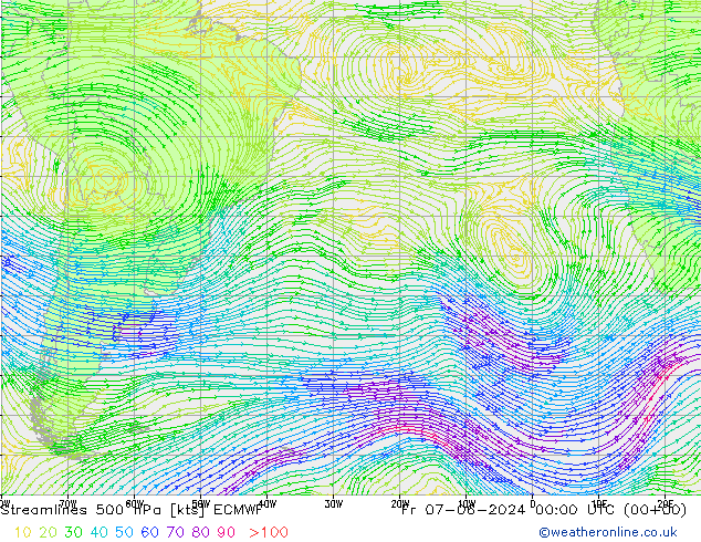 Linia prądu 500 hPa ECMWF pt. 07.06.2024 00 UTC