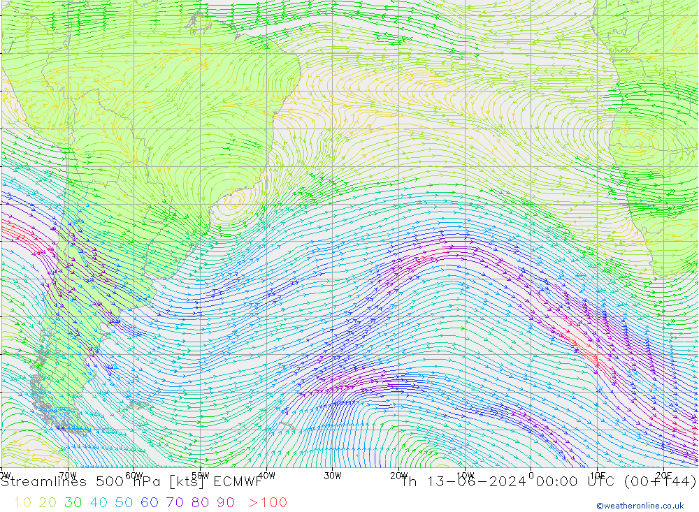 Streamlines 500 hPa ECMWF Th 13.06.2024 00 UTC