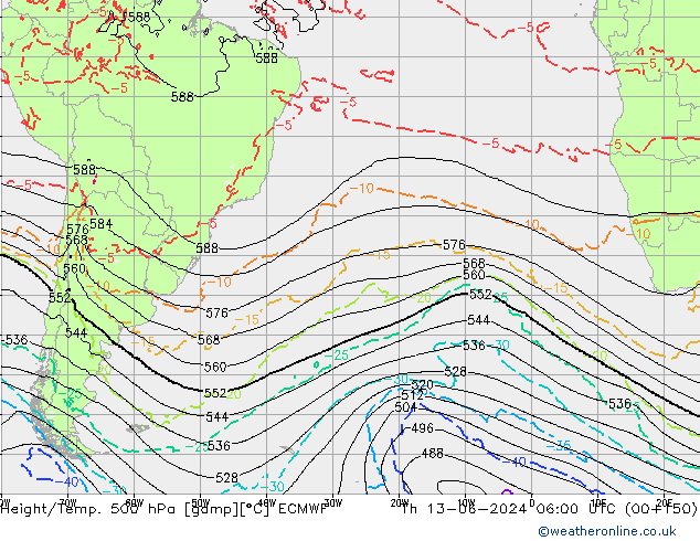 Height/Temp. 500 hPa ECMWF Qui 13.06.2024 06 UTC