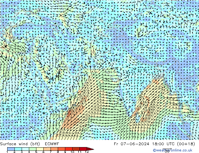 Vent 10 m (bft) ECMWF ven 07.06.2024 18 UTC