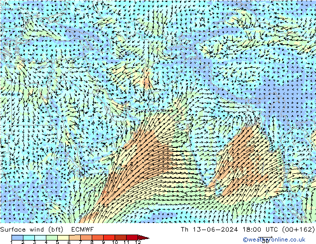 Vento 10 m (bft) ECMWF gio 13.06.2024 18 UTC