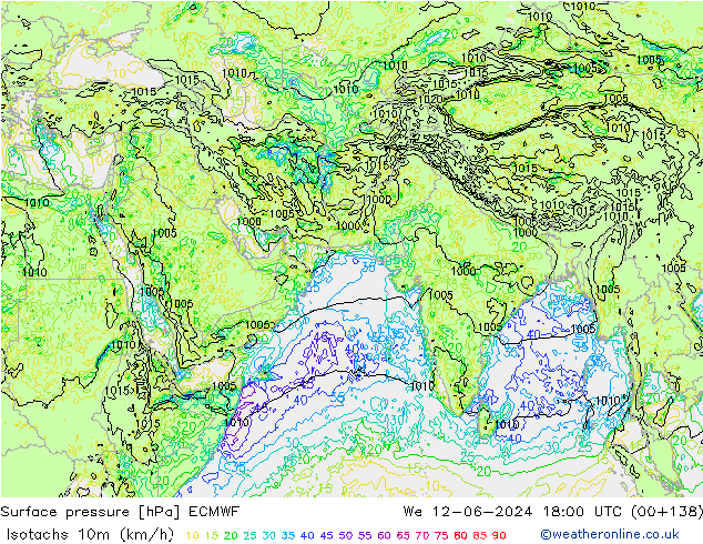 Isotaca (kph) ECMWF mié 12.06.2024 18 UTC