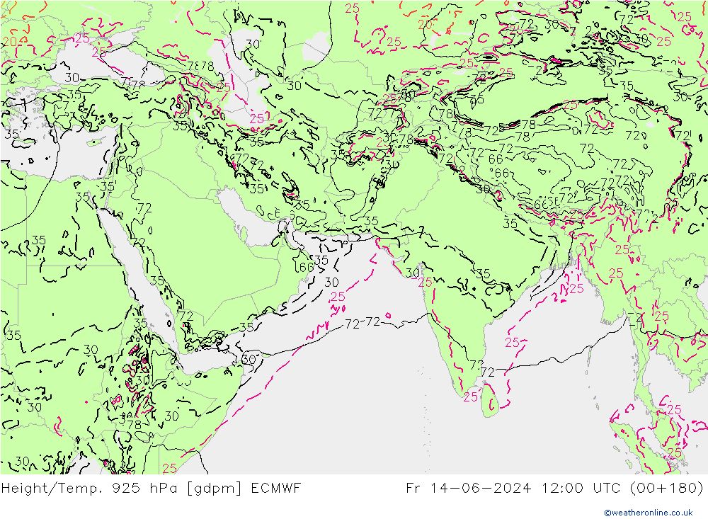 Hoogte/Temp. 925 hPa ECMWF vr 14.06.2024 12 UTC