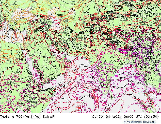 Theta-e 700hPa ECMWF  09.06.2024 06 UTC