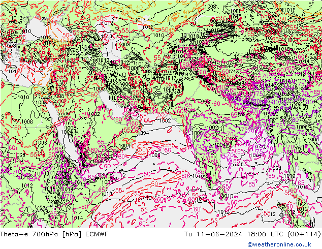 Theta-e 700hPa ECMWF Ter 11.06.2024 18 UTC