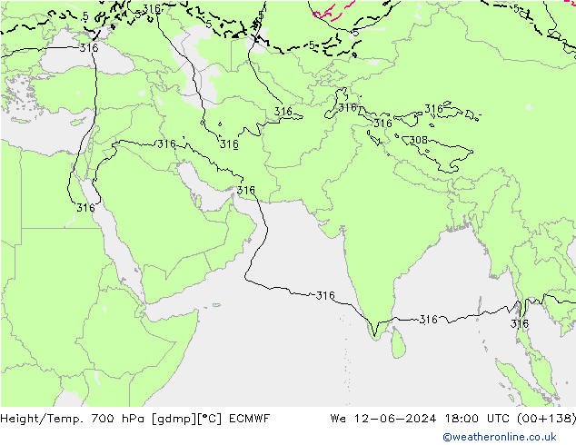 Height/Temp. 700 hPa ECMWF mer 12.06.2024 18 UTC