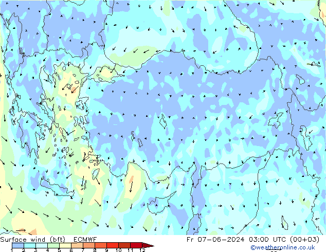 Surface wind (bft) ECMWF Fr 07.06.2024 03 UTC