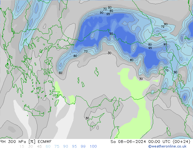 Humidité rel. 300 hPa ECMWF sam 08.06.2024 00 UTC