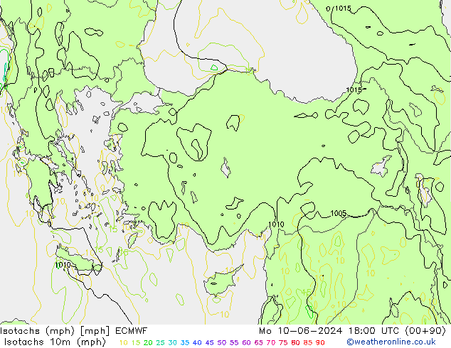 Isotachen (mph) ECMWF Mo 10.06.2024 18 UTC