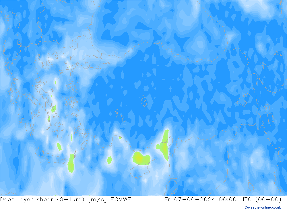 Deep layer shear (0-1km) ECMWF vie 07.06.2024 00 UTC