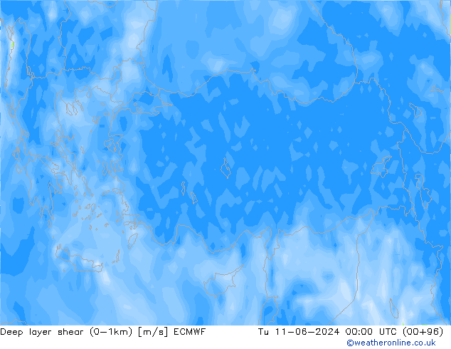 Deep layer shear (0-1km) ECMWF Sa 11.06.2024 00 UTC