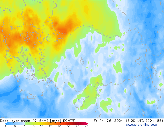 Deep layer shear (0-6km) ECMWF vr 14.06.2024 18 UTC