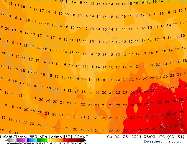 Height/Temp. 850 hPa ECMWF Su 09.06.2024 06 UTC