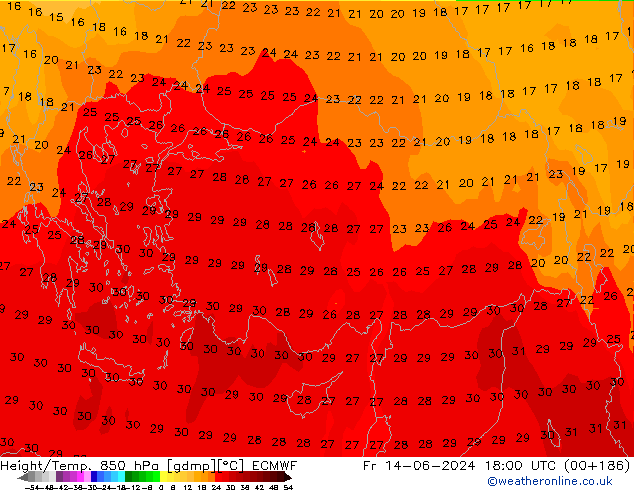 Hoogte/Temp. 850 hPa ECMWF vr 14.06.2024 18 UTC