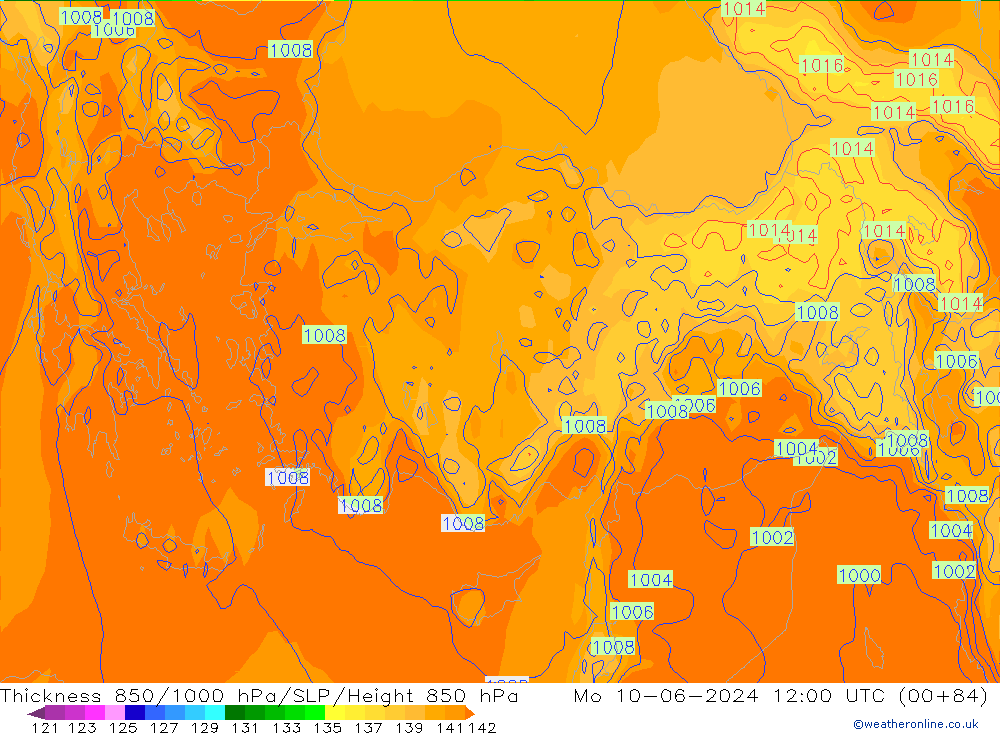 Espesor 850-1000 hPa ECMWF lun 10.06.2024 12 UTC