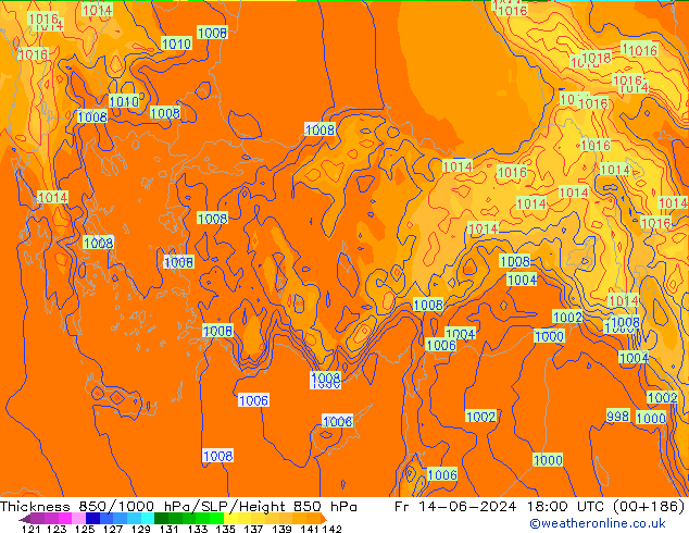 Dikte 850-1000 hPa ECMWF vr 14.06.2024 18 UTC