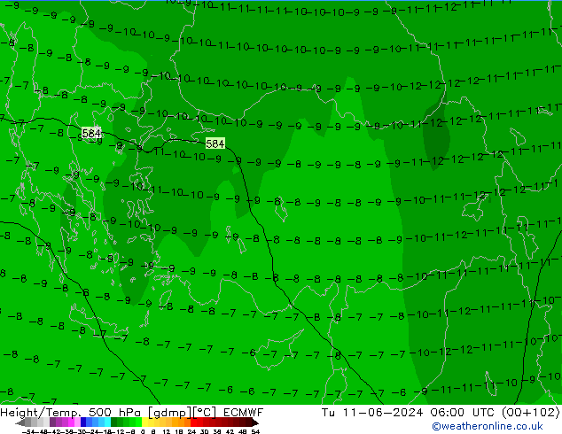 Z500/Rain (+SLP)/Z850 ECMWF вт 11.06.2024 06 UTC