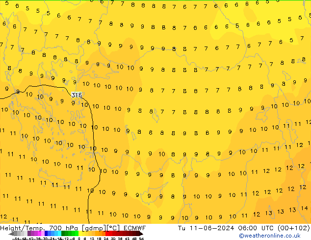 Height/Temp. 700 hPa ECMWF Út 11.06.2024 06 UTC