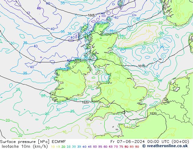 Isotachs (kph) ECMWF ven 07.06.2024 00 UTC