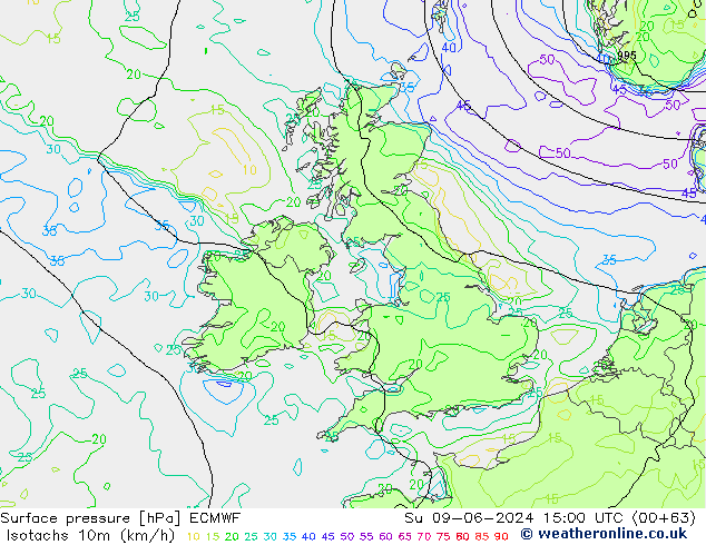 Isotachs (kph) ECMWF Dom 09.06.2024 15 UTC