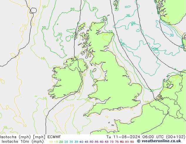 Isotachs (mph) ECMWF Tu 11.06.2024 06 UTC